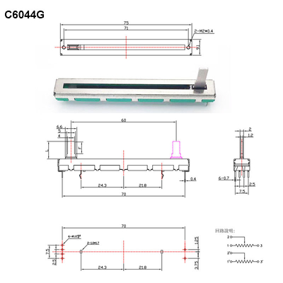C6044G podwójny potencjometr potencjometr suwakowy z filmem węglowym 60mm Travel 5K 10K liniowy potencjometr stereo